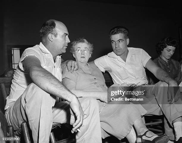 Mother in Court with Defendants in "Wolf-Whistle" Trial. Sumner, Mississippi: Defendants in the Emmett Till murder case, John W. Milam, left, and Roy...