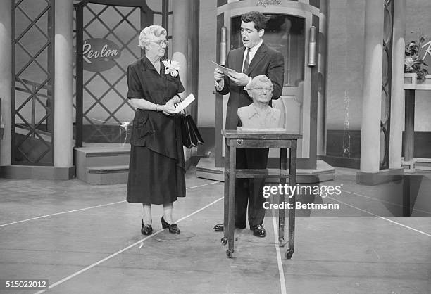 Myrt Power, the 71 year old Georgia Grandma with a record-book baseball memory, is shown with Hal March, the Master of ceremonies of the TV quiz show...