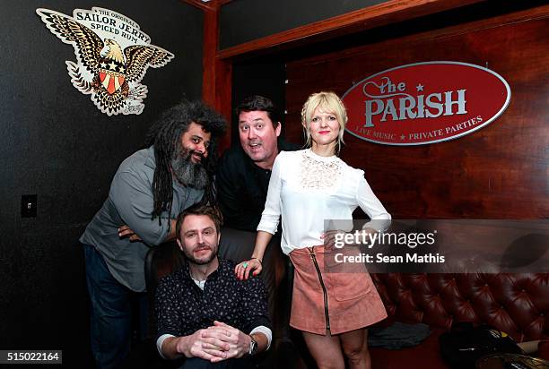 Comedians Chris Cubas, Chris Hardwick, Doug Benson and Arden Myrin attend "Comedy Central's @midnight Live" during the 2016 SXSW Music, Film +...