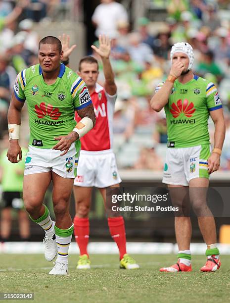 Joseph Leilua of the Raiders is sent off during the round two NRL match between the Canberra Raiders and the Sydney Roosters at GIO Stadium on March...