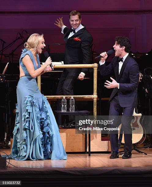 Actress Betsy Wolfe, The New York Pops Muisic Director Steven Reineke, and Actor/musician Darren Criss perform at The New York Pops: Darren Criss and...