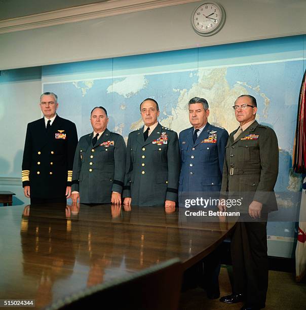 Washington, D. C.: Members of the Joint Chiefs of Staff and Gen. D. M. Shoup, Commandant of the U. S. Marine Corps, pose for photographers in their...