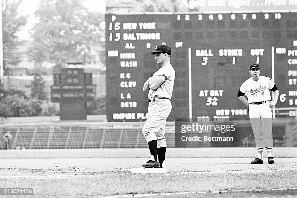 The New York Yankees Roger Maris stands on first base after walking in first inning at Memorial Stadium. Orioles pitcher Steve Barber issued the pass.