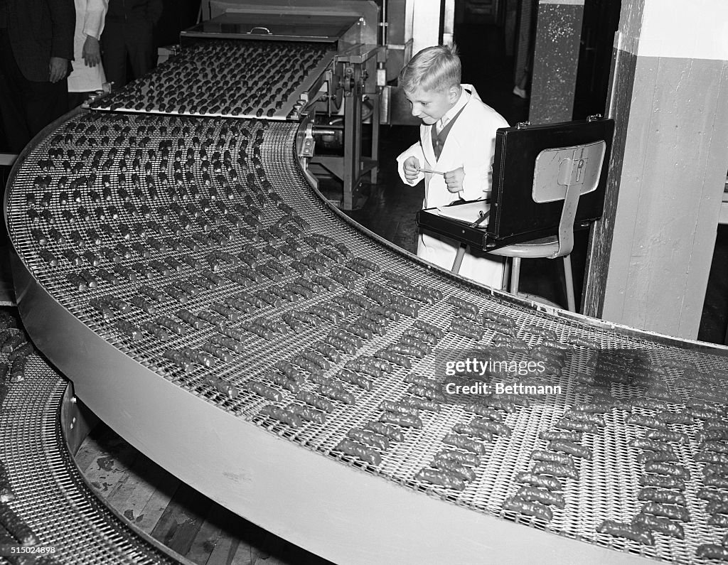 Boy Standing Next to Assembly Line of Chocolate Candies
