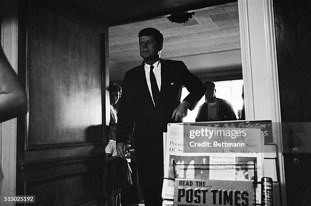 President John F. Kennedy arrives at St. Mary's Hospital to visit his father who has suffered a stroke.