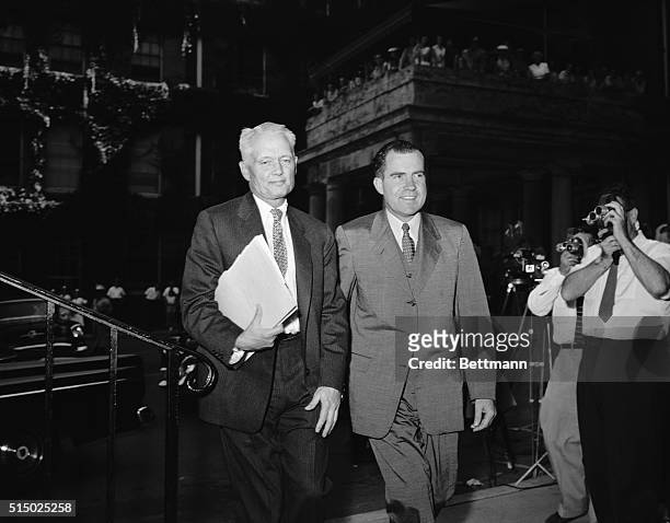 Washington, DC- Vice President Richard Nixon and Sherman Adams, assistant to the President, arrive at Walter Reed Hospital. The Vice-President...