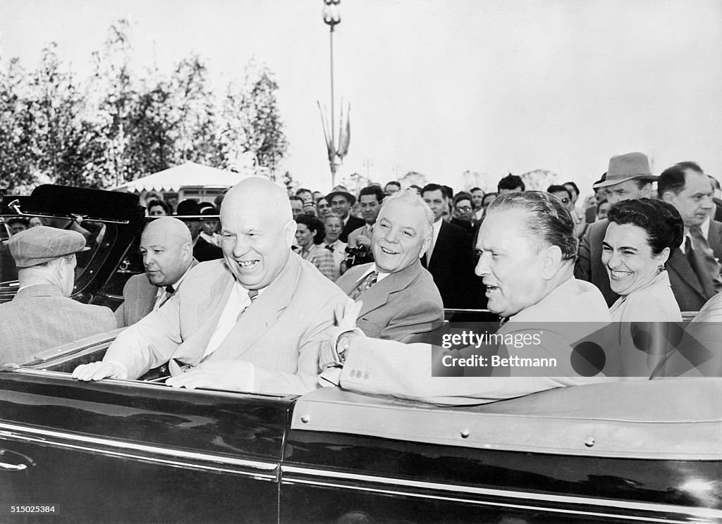 Josip Broz Tito and Wife Riding in Car with Soviet Leaders