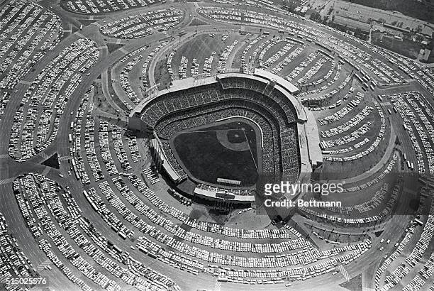 Aerial view shows the new Dodger stadium as their opening day game got under way against Cincinnati before a 56,000 capacity crowd.