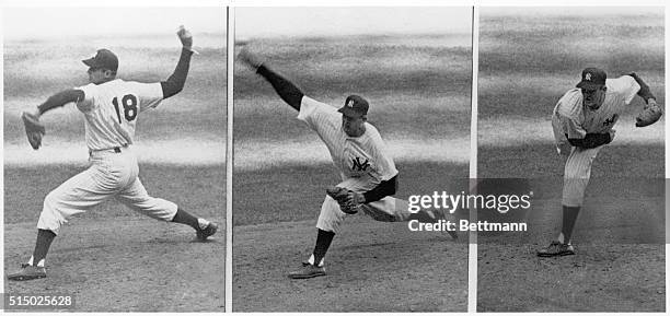 Sequence of photographs of New York Yankees pitcher Don Larsen pitching against the Brooklyn Dodgers during the 5th game of the 1956 World Series....