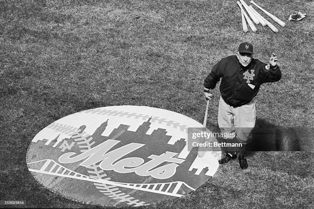 Mets Manager Casey Stengel Waves Near Mets Emblem