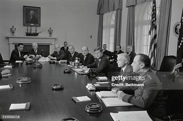 President Kennedy holds a disarmament meeting at the White House here, prior to the departure of the U.S. Delegation for the forthcoming Geneva...