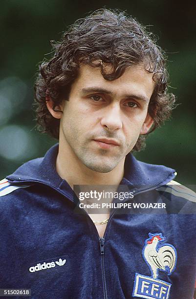Portrait of French captain and midfielder Michel Platini taken 26 June 1984 in Saint Lambert des Bois, as France prepares for its European Nations...