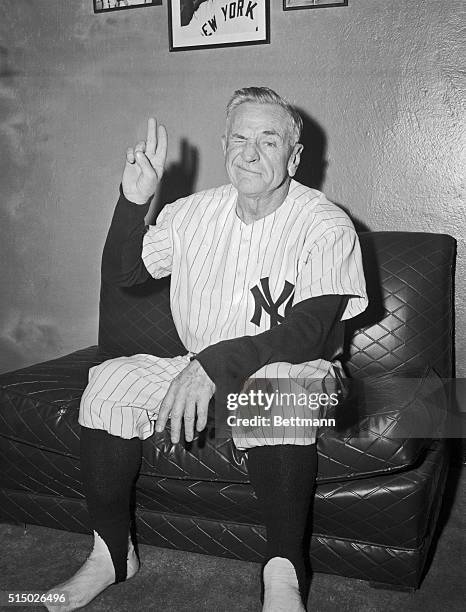 Things look very different today for Yankee manager Casey Stengel who gives out with a broad wink in the dressing room after his Bombers squared up...