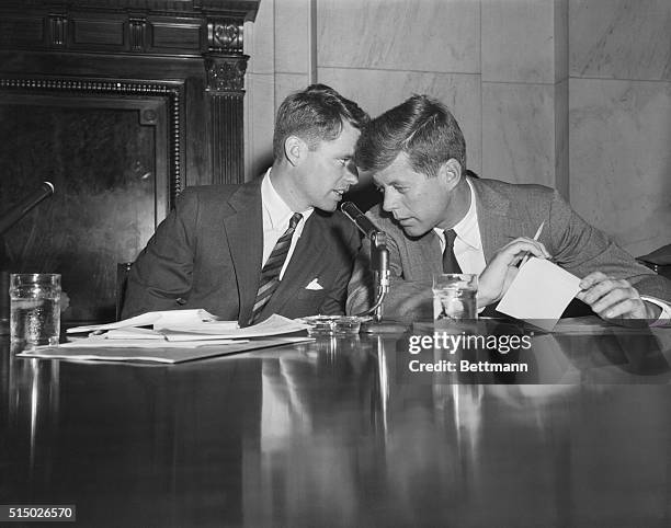 Robert F. Kennedy , counsel of the Senate Committee on Racketeering in Labor and Industry, and his brother John F. Kennedy , a member of the...