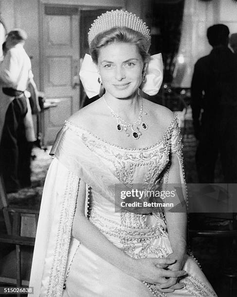 Actress Ingrid Bergman wearing the Rene Huber designed gown made for her starring role in the film, Anastasia. The gown is an exact copy of a ball...