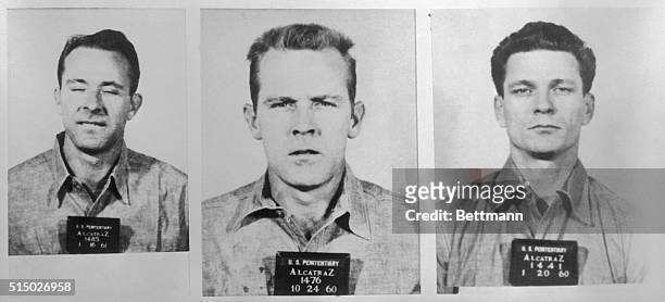 Mug shots of three prisoners that made a rare escape from Alcatraz Island. From left to right: Clarence Anglin, John William Anglin, and Frank Lee.