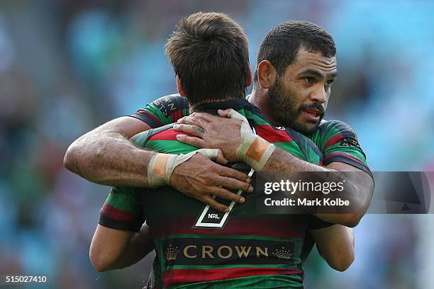 Luke Keary and Greg Inglis of the Rabbitohs celebrate Keary scoring a try during the round two NRL match between the South Sydney Rabbitohs and the...