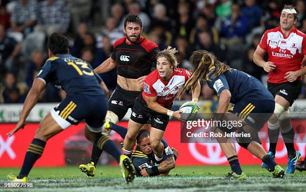 Faf de Klerk of the Lions looks to pass during the round three Super Rugby match between the Highlanders and the Lions at Rugby Park on March 12,...