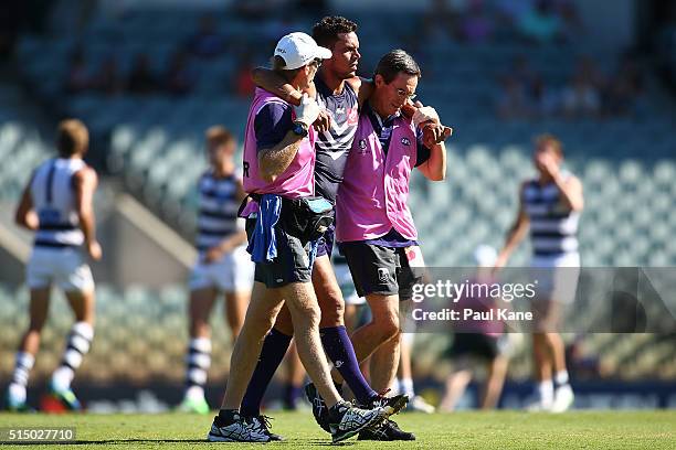 Michael Johnson of the Dockers is assisted from the field after being tackled by Nakia Cockatoo of the Cats during the NAB Challenge match between...