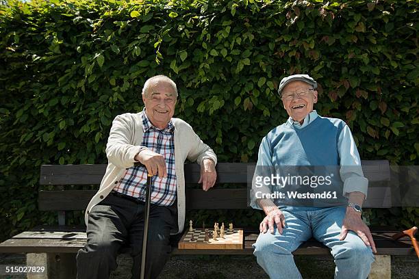 two old friends sitting on park bench with chess - banco de jogadores fotografías e imágenes de stock