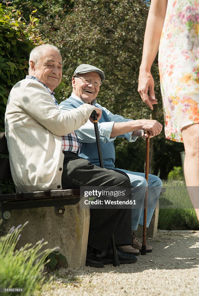 Two old men sitting on park bench watching legs of passing woman