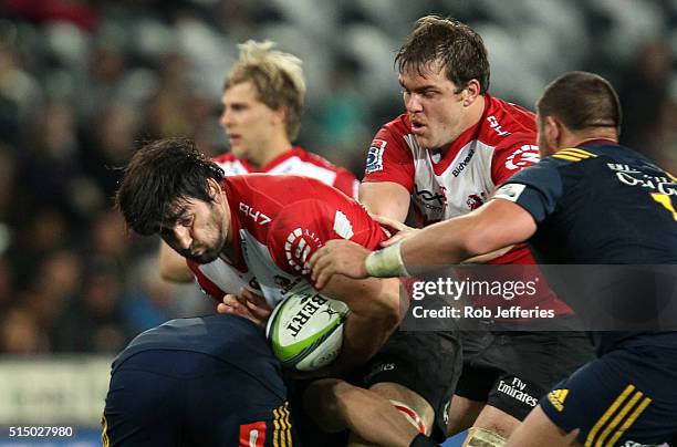 Warwick Tecklenberg of the Lions on the charge during the round three Super Rugby match between the Highlanders and the Lions at Rugby Park on March...