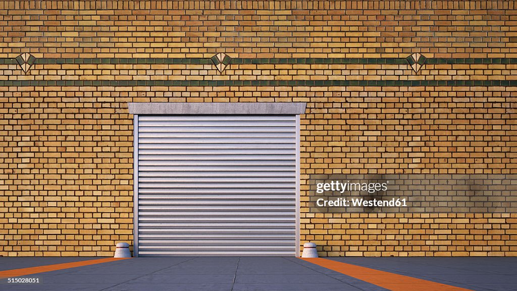 Roller shutter and brick slip cladding of an old factory, 3D Rendering