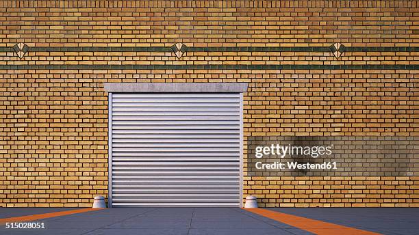 roller shutter and brick slip cladding of an old factory, 3d rendering - industrial building stock illustrations