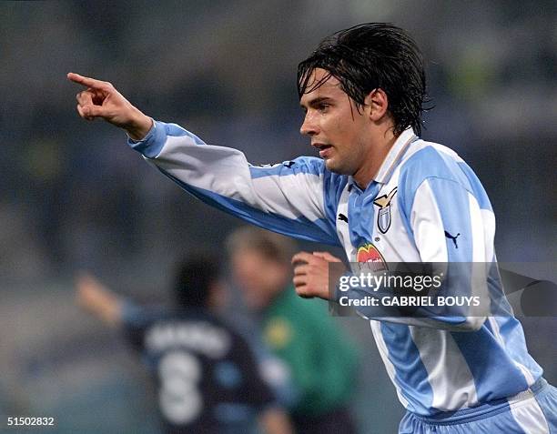 Lazio Rome's forward Simone Inzaghi jubilates after he scored his third goal, during the Champion's League, Group D, game Lazio Rome vs Olympique de...