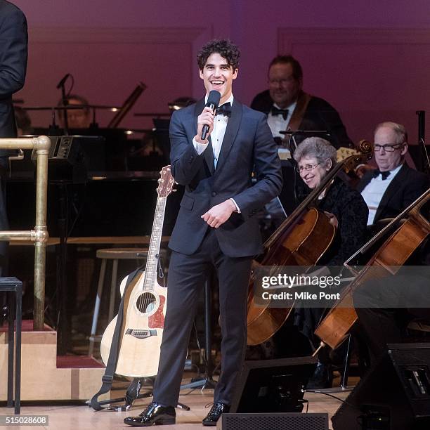 Actor Darren Criss performs during The New York Pops: Darren Criss and Betsy Wolfe in Concert at Carnegie Hall on March 11, 2016 in New York City.