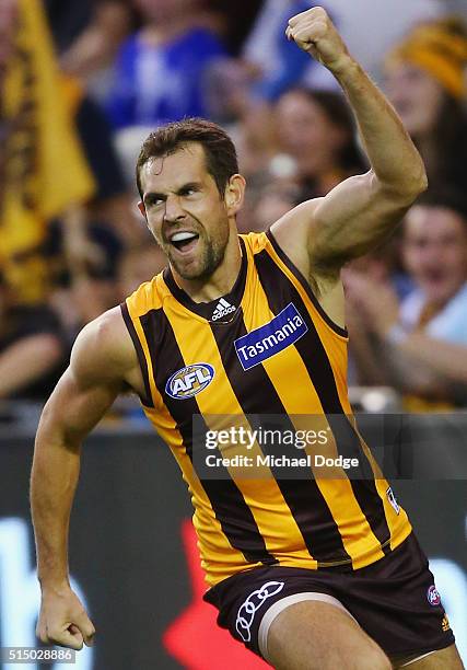 Luke Hodge of the Hawks celebrates a goal during the NAB CHallenge AFL match between the Hawthorn Hawks and the North Melbourne Kangaroos at Etihad...