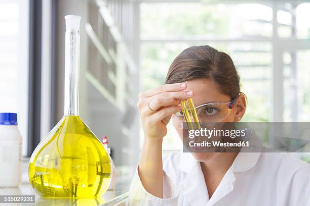 portrait of young female chemist holding glass tube with yellow reagent - beuta foto e immagini stock