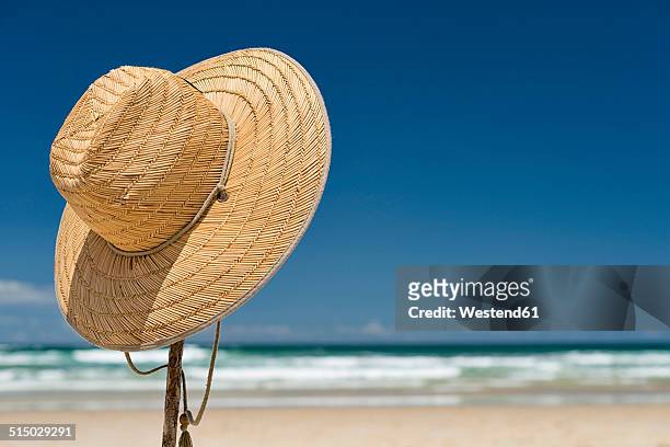 australia, new south wales, byron bay, broken head nature reserve, straw hat on stick on beach - strohhut stock-fotos und bilder