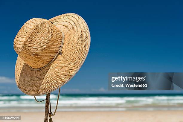 australia, new south wales, byron bay, broken head nature reserve, straw hat on stick on beach - chapeau de paille photos et images de collection