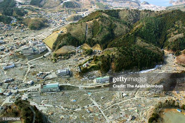 In this aerial image, Tsunami devastated Onagawa is seen on March 19, 2011 in Onagawa, Miyagi, Japan. The quake struck offshore at 2:46pm local time,...