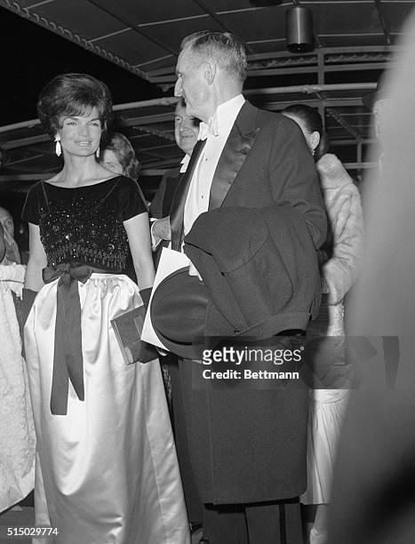 Mrs. Jacqueline Kennedy with John D. Rockefeller III at the opening of Lincoln Center's Philharmonic Hall.