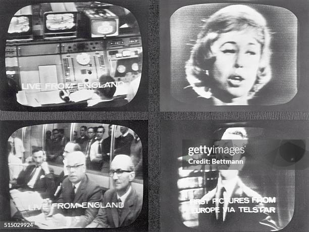 Television monitors at a station in Manhattan display images from the first live European broadcast ever received in America. The screens feature :...