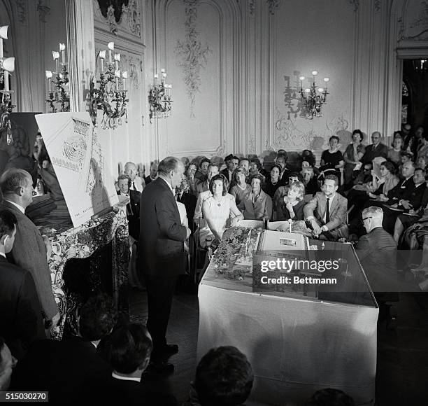 Mrs. Jacqueline Kennedy sits with her mother, Mrs. Auchincloss and architects Edward Durrell Stone during ceremonies where model of proposed National...