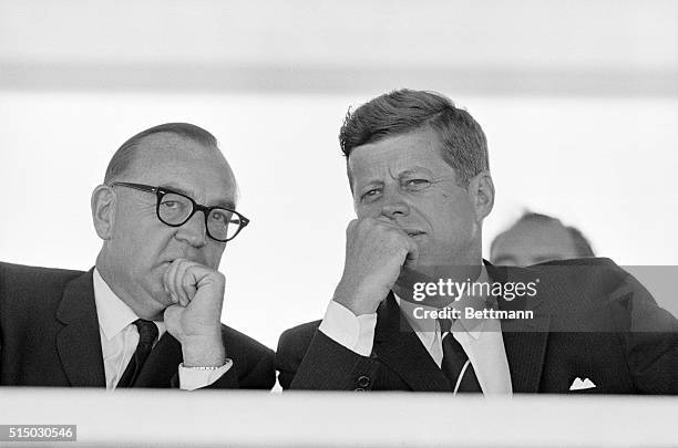 President Kennedy and California Governor Edmund G. Brown confer during groundbreaking ceremonies for the San Louis Dam and Reservoir project.