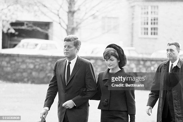 The President and Mrs. Kennedy arrive at the St. James Protestant Episcopal Church here for the funeral services of Mrs. Eleanor Roosevelt. |...