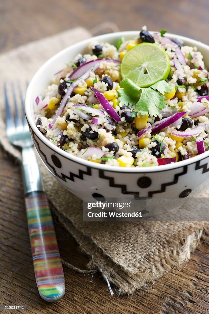 Mayan couscous salad with couscous, black beans, corn, cilantro, red onion, jalapeno