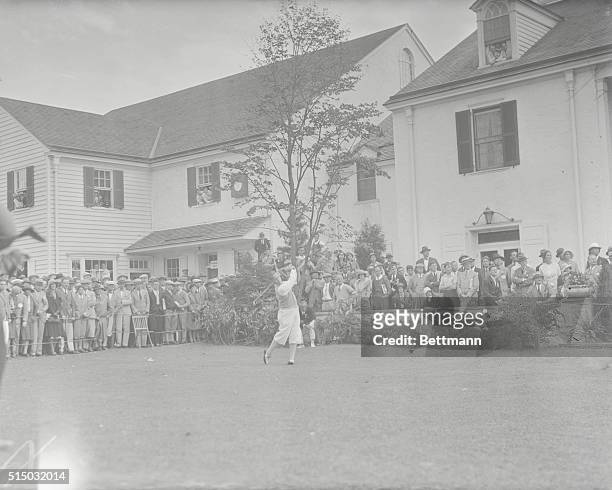 Ardmore, Pennsylvania: Bobby Jones drives off tee in final round of U.S. National Amateur Golf Championship at Merion Cricket Club, Ardmore, Pa.