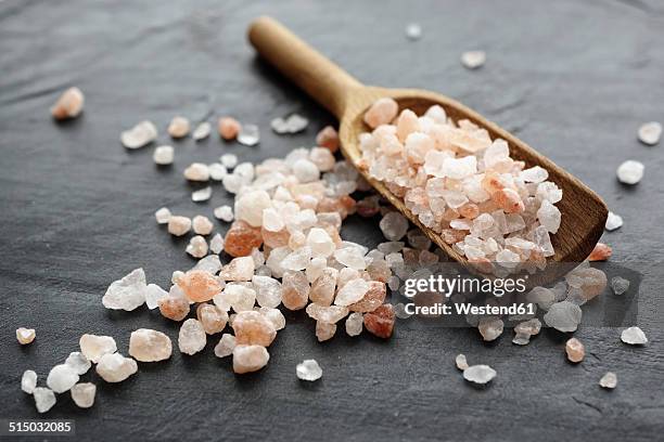 himalayan salt, coarse salt on wooden spoon - himalayan salt stock pictures, royalty-free photos & images