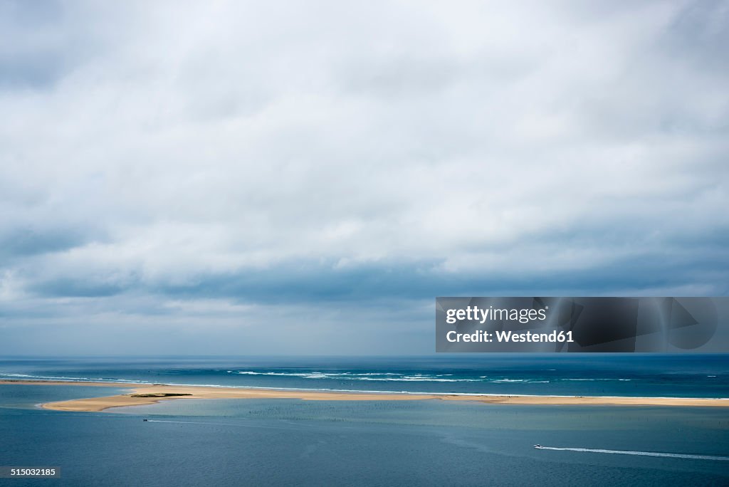 France, Aquitaine, Gironde, Pyla sur Mer, Dune du Pilat, Bassin d'Arcachon with oyster farming