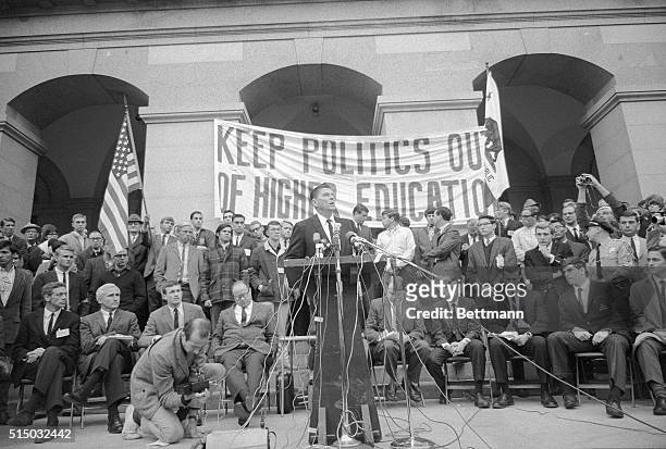 Sacramento, CA- Governor, Ronald Reagan, again makes a surprise appearance before 3,500 University of California demonstrators on the steps of the...