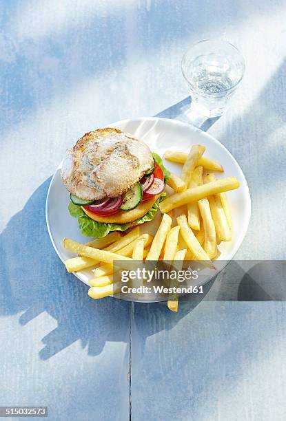 chicken burger and french fries on plate - kipburger stockfoto's en -beelden