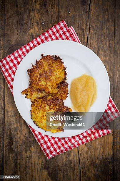 potato fritters with apple sauce on plate - potato pancake stock pictures, royalty-free photos & images