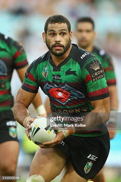 Greg Inglis of the Rabbitohs runs the ball during the round two NRL match between the South Sydney Rabbitohs and the Newcastle Knights at ANZ Stadium...