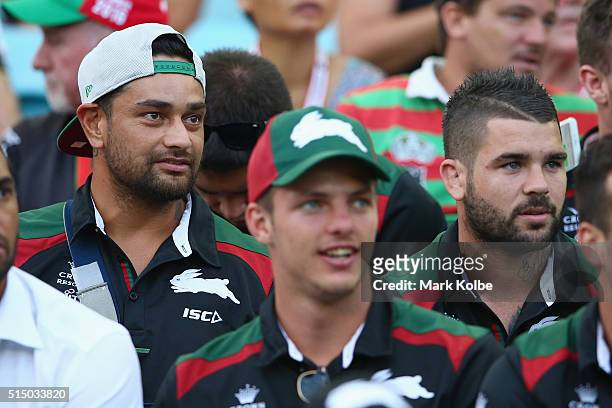 Injured Rabbitohs John Sutton and Adam Reynolds watch on from the stands players during the round two NRL match between the South Sydney Rabbitohs...