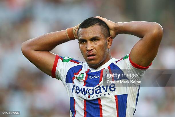 Jacob Safiti of the Knights looks dejected during the round two NRL match between the South Sydney Rabbitohs and the Newcastle Knights at ANZ Stadium...